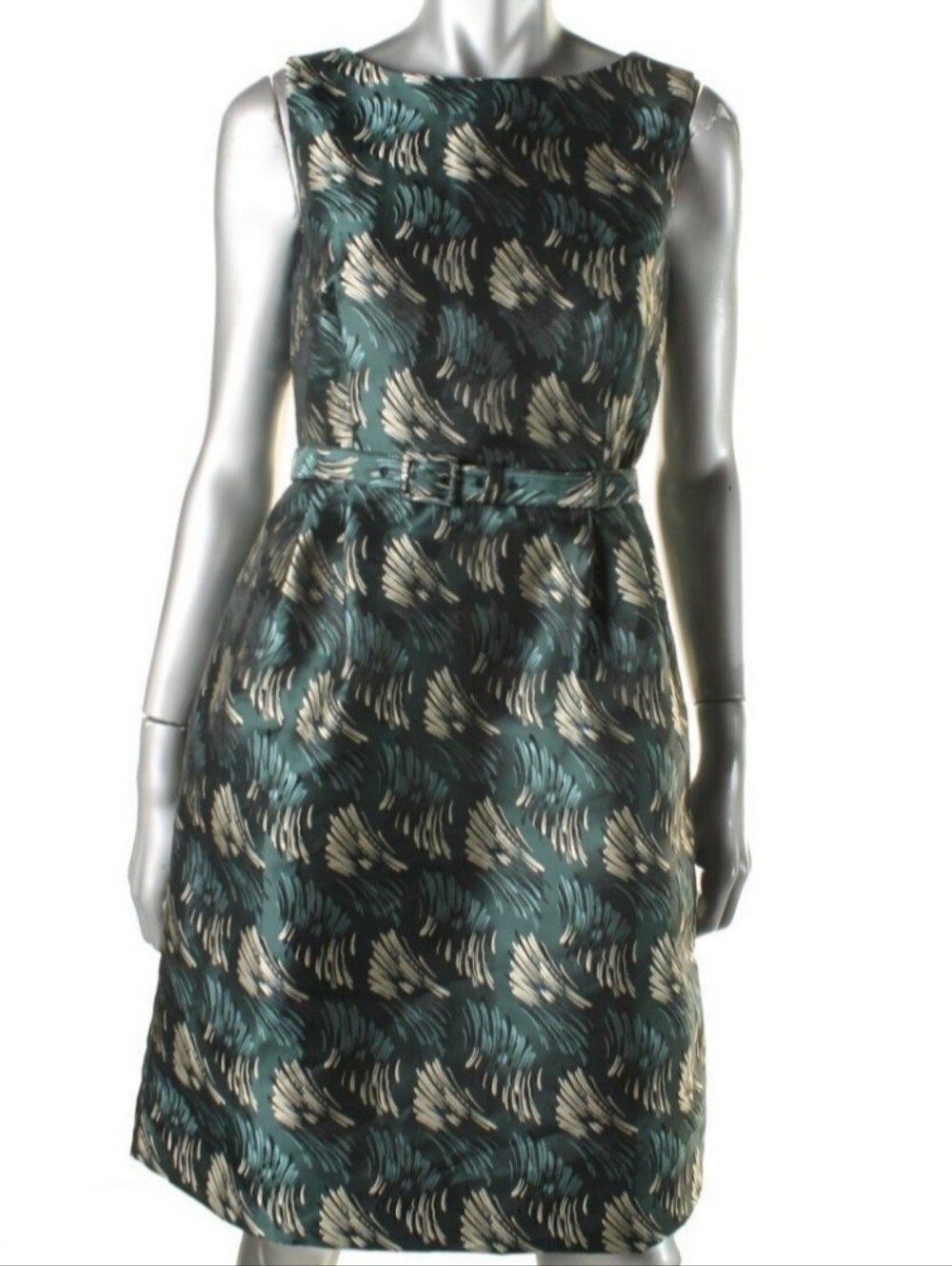 Anne Klein Teal Belted  Sheath Dress with Ivory & Navy Brushstroke Print  Sz 2